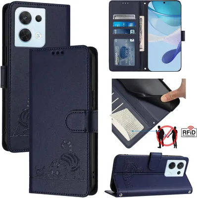 Produktbild von Leder Hülle für Oppo Reno8 Süße Katze Flip Case Brieftasche Schutzhülle mit Standfunktion Blau