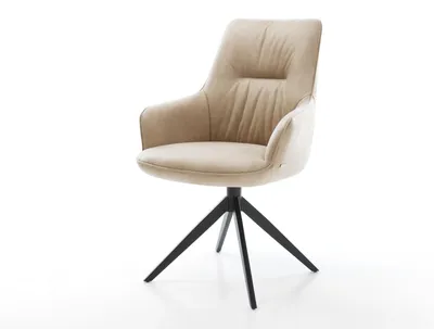 Produktbild von DELIFE Drehstuhl Zelia-Flex mit Armlehnen Mikrofaser Beige Vintage Kreuzgestell breit Schwarz 360° drehbar Wippfunktion Taschenfederkern
