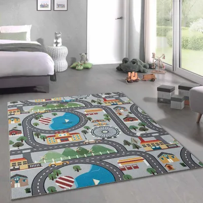 Immagine prodotto di Tappeto da gioco per bambini con vista sulla città e sfondo grigio Dimensioni - 200 x 290 cm