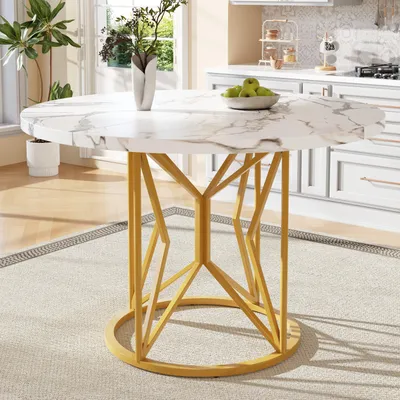 Obrázek produktu pro Kulatý jídelní stůl s deskou imitující mramor a geometrickými kovovými nohami, průměr 100 cm