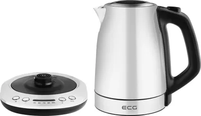 A stainless steel electric kettle and its base are shown against a white background.