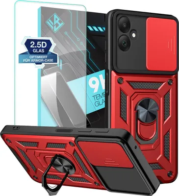 Produktbild von Armor Handyhülle für Samsung Galaxy A05 mit 9H Displayglas Displayschutz Kameraschutz Handy Panzer Case Cover Schutzhülle Outdoor Farbe: Rot