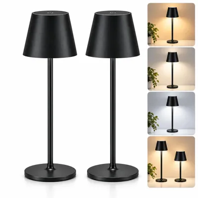 Produktbild von Akku-Tischlampe kabellos, 2er-Set Schwarz für kleine Stellflächen, 10 cm Durchmesser, 38 cm hoch, 1800 mAh, dimmbar