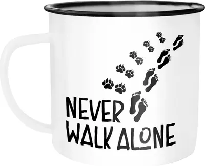 Produktbild von Emaille Tasse Becher Never walk alone Hund Hundebesitzer Dog Kaffeetasse Moonworks® weiß-schwarz unisize
