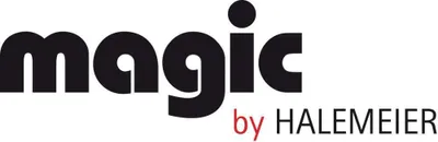 The image displays the word "magic" in large black letters, with a small black circle above the 'i'. Below and to the right, the words "by HALEMEIER" are written in red and black respectively.