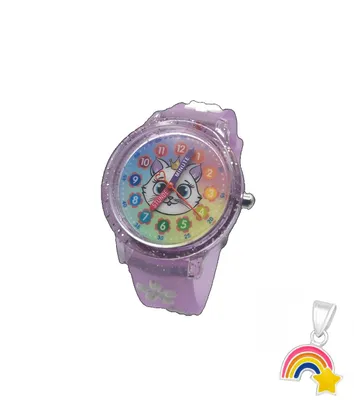Produktbild von Kinderuhr Uhr Armbanduhr Katze mit Krone Lilafarbe Silikon Mädchenuhr Glitzer Katzenuhr