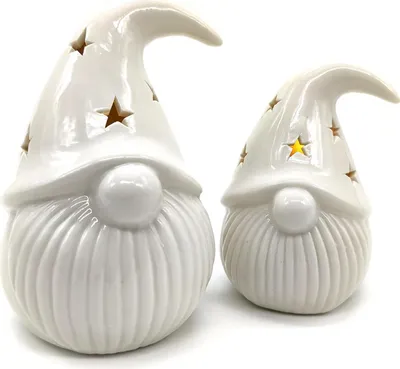 Produktbild von Porzellan LED Zwerge 2er Set creme-weiß 12cm und 15cm Dekofigur Weihnachtsdeko