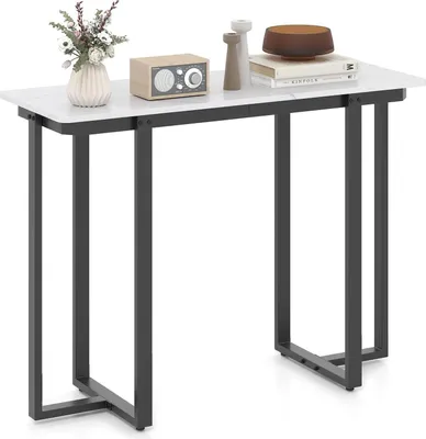 Image de Console - Table d'entrée étroite - Plateau aspect marbre - Structure métallique géométrique - Pour l'entrée et le salon - Blanc