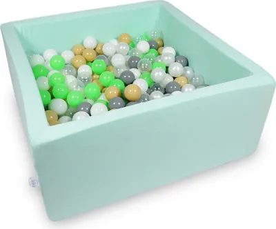 Produktbild von Bällebad 90x90x40cm Minze – Mit 400 Bällen / Seladon, Weiß, Transparent, Perlmutt, Beige, Grau