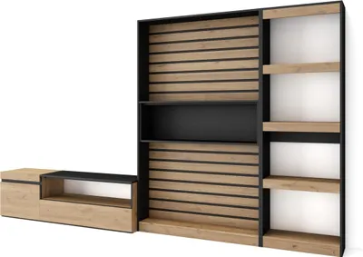 Produktbild von Wohnwand Wohnzimmer, 320x35x186cm, Wohnzimmer Möbel, Eiche und Schwarz
