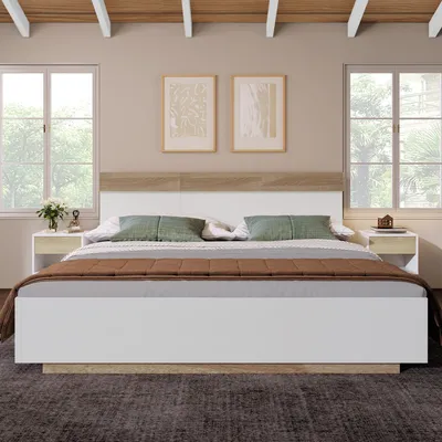 Produktbild von Doppelbett Holzbett 180x200cm Eiche Sonoma/Weiß (Ohne Matratze) Schwebebett mit Kopfteil aus Bettgestell Lattenrost