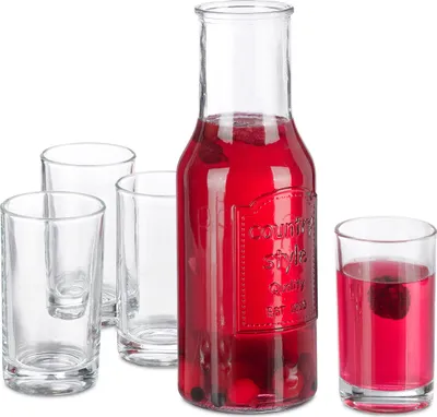 Produktbild von Relaxdays Wasserkaraffe Set mit Gläsern, 5-teiliges Set, 1,5 l, 200 ml, Karaffe ohne Deckel, Wassergläser, transparent