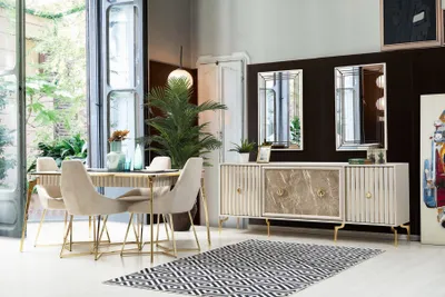 Productafbeelding van Gouden eethoekset, luxe set, eettafel met stoelen, designmeubels