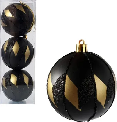 Productafbeelding van Elegant set van 3 kerstballen in zwart en goud van Luksusy, 8 cm