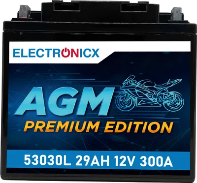 Produktbild von AGM-Motorradbatterie Electronicx 53030L – 12 V, 29 Ah, 300 A/EN – Wartungsfrei, auslaufsicher, hohe Startleistung, ideal für ABS und Offroad-Einsätze