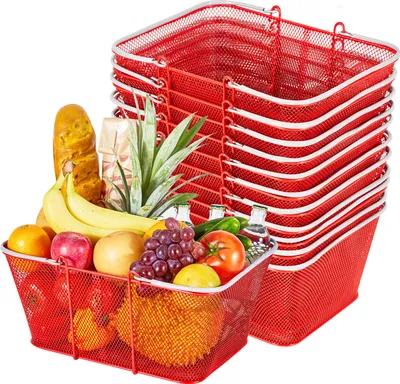 Obrázok produktu pre VEVOR nákupný košík, 12 ks, 22 l, stohovateľný kovový košík s držadlami, prenosný košík, nosnosť do 20 kg, univerzálny košík na potraviny, maloobchod, obchody, supermarkety, kníhkupectvá, červený