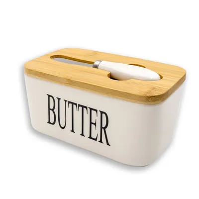 Produktbild von Intirilife Butterdose mit Deckel und Messer aus Porzellan in Weiß - 16.5 x 10 x 7.5 cm - Butterbehälter luftdicht Aufbewahrungsbehälter für Butter Käse Butterbox