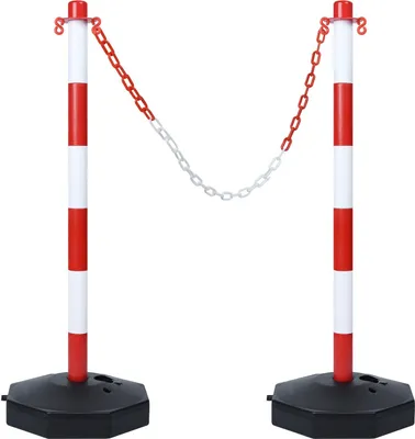 Produktbild von TWOLIIN 2 Stück Absperrpfosten Kettenpfosten aus Kunststoff mit 2 Absperrketten von 140cm, Sperrpfosten mit Standfuß 82 x 28 x 28cm, für Verkehrskontrolle Warnung, Rot und Weiß