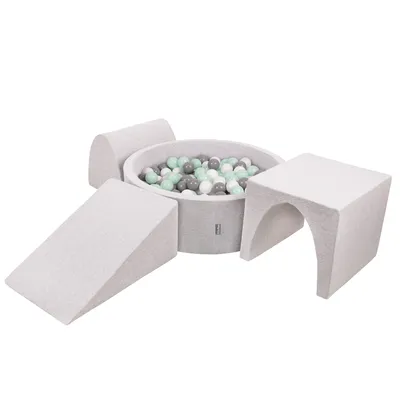 Obrázok produktu pre KiddyMoon Mäkké penové ihrisko pre deti s guľatým loptičkovým ihriskom (200 ∅ 7 cm) s mäkkými prekážkami a loptičkovým bazénom,  vyrobené v EÚ, Svetlo sivá:Biela/Grey/Mäta: , Verzia 2