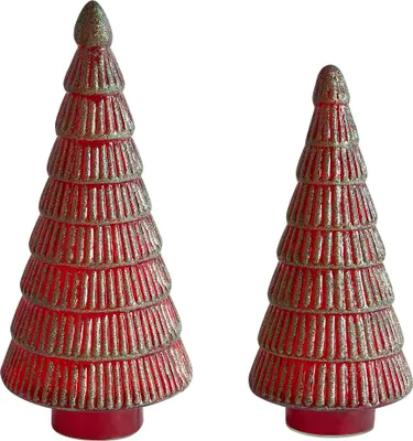 Produktbild von BELIANI Dekorative Figuren Set aus 2 Stück Grüne und rote Weihnachtsbäume aus Glas Festliche Dekoration Handgefertigt 2 verschiedene Größen