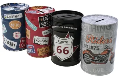 Produktbild von Set aus 4 Spardosen, 12 cm – Retro-Blechdose, Route 66-Design, nicht zu öffnen, mit Motorrad- und amerikanischen Nummernschildmotiven.