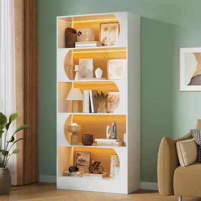 Produktbild von Bücherregal mit LED Beleuchtung, 5 Ebenen freistehend, 180 cm hohes Standregal mit offenen Ablagen, modernes Aufbewahrungsregal für Wohnzimmer, Weiß