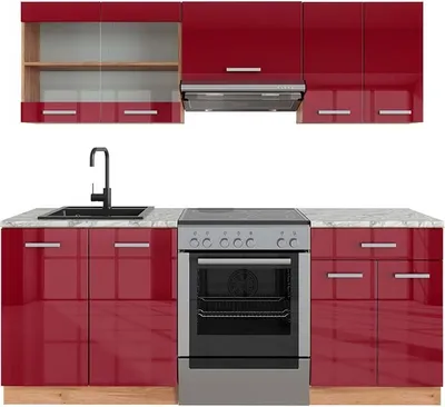 Produktbild von Küchenzeile Vicco R-Line Rot Hochglanz/Goldkraft Eiche 200 cm , AP Marmor, Model 43120