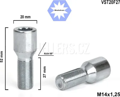 Obrázek produktu pro Kolový šroub M14x1,25x27 kuželový s vnitřním mnohohranem, VST20F27 průměr hlavy 20mm, výška 52