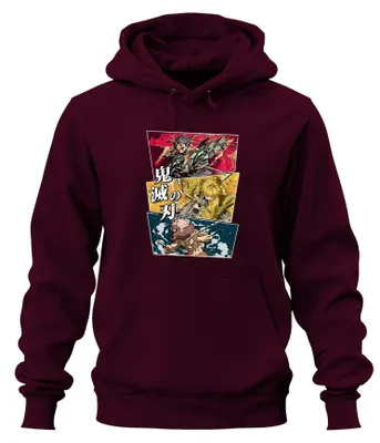 Imagen del producto de Kimetsu no Yaiba (Demon Slayer): Sudadera con capucha uni, diseño de Tanjiro, Zenitsu e Inosuke, color burdeos, talla M