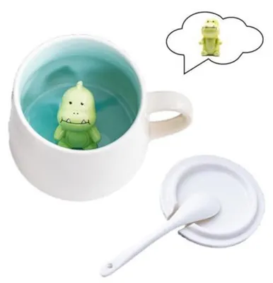 Obrázok produktu pre 3D hrnček na kávu, objem 350 ml, keramický, s vekom a lyžičkou, dizajn dinosaurov