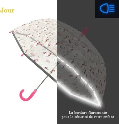 Produktbild von Transparenter Kinderregenschirm mit Einhorn-Motiv – Pink und Reflektierend