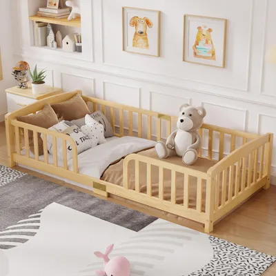 Produktbild von LVHOM Montessori Bodenbett 90x200 cm mit Rausfallschutz, bodentiefes Kinderbett aus Massivholz, Skandinavisches Design, Natur