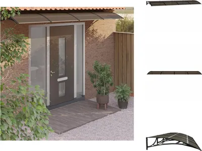 A front door with a canopy awning, flanked by plants and a wooden fence.