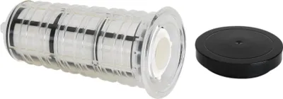 A clear product shot of a water filter element and its cap on a white background.