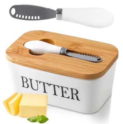 Produktbild von Butterdose mit Holzdeckel und multifunktionalem Buttermesser, für 250 g Butter, Vintage-Porzellan, ideal für Küche und Haushalt