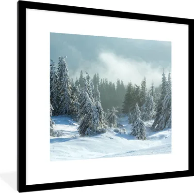 Produktbild von MuchoWow® Gerahmtes Poster Wald - Schnee - Winter 40x40 cm - Poster mit Schwarzem Bilderrahmen Wandposter Rahmen Foto Bilder - Poster - Plakat im Rahmen