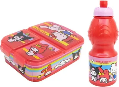 Produktbild von Hello Kitty Kuromi Melody 2 tlg. Lunch Set Brotdose mit 3 Kammern Trinkflasche