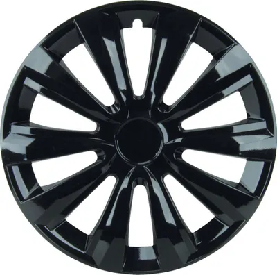 A black car wheel cover is shown against a white background.