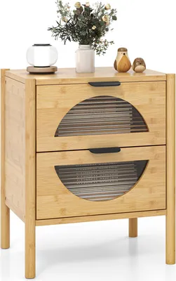 Immagine prodotto di Comodino COSTWAY in bambù, tavolino con 2 cassetti, comodino, console da letto in legno, cassettiera da letto per camera da letto, soggiorno, 45x40x56 cm