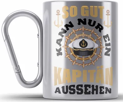 Produktbild von Trendation - Segeln Geschenk Edelstahl Tasse Karabiner Segler Geschenkidee Segelboot Kapitän Karabiner Edelstahl Tasse Karabiner Edelstahl Kaffeebecher So Gut Kann Nur Ein Kapitän Aussehen (Silber)