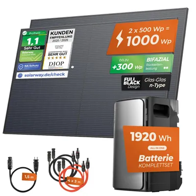 Produktbild von Solarway® 1000Wp / 800W Balkonkraftwerk mit 1,9kWh Speicher komplett Steckdose - 1,9 kWh EcoFlow Stream Max - Solaranlage Komplettset - 500W bifaziale Solarmodule & EcoFlow Speicher & Zubehör