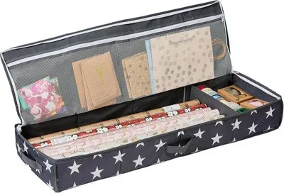 Produktbild von Famanu Geschenkpapier-Aufbewahrungstasche 90x30x12 cm – Geräumiger Organizer mit Sternenmuster – Grau