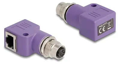 Productafbeelding van Delock M12-adapter, D-gecodeerd, 4-polige vrouwelijke connector naar RJ45-vrouwelijke connector, Cat.5e, met bevestigingsgat, 90 graden geknikt, paars