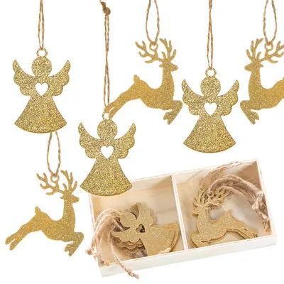 Produktbild von Weihnachtsdeko Set 24 Metallanhänger gold glitzernd Engel + Hirsch 5 cm