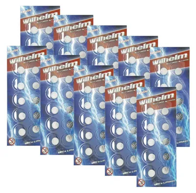 Multiple blister packs of CR1220 lithium coin cell batteries are arranged in a grid.