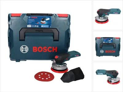A collage of images showing a Bosch cordless orbital sander and its accessories, including a storage case, sanding disc, and dust bag.