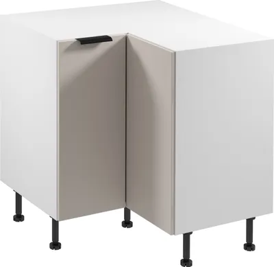 A white and beige corner kitchen cabinet with black legs and a black handle.