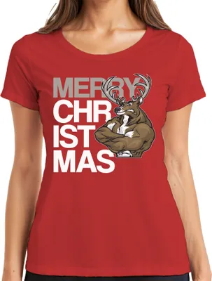 Produktbild von Merry Christmass Fitness Rentier - Weihnachten Weihnachtsgeschenk Christmas Damen T-Shirt, Rot, M