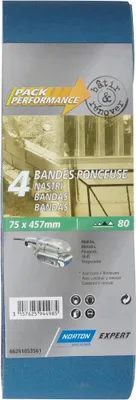 Produktbild von Packung mit 4 NORTON Schleifbändern, 75 x 457 mm, Körnung 80