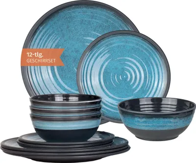 Immagine prodotto di Moritz stoviglie da campeggio in melamina per 4 persone 12 pezzi | lavabili in lavastoviglie | set di stoviglie da picnic | stoviglie da campeggio I Stone Blue Design